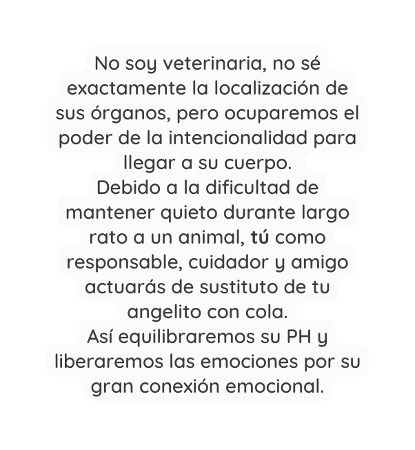 No soy veterinaria no sé exactamente la localización de sus órganos pero ocuparemos el poder de la intencionalidad para llegar a su cuerpo Debido a la dificultad de mantener quieto durante largo rato a un animal tú como responsable cuidador y amigo actuarás de sustituto de tu angelito con cola Así equilibraremos su PH y liberaremos las emociones por su gran conexión emocional